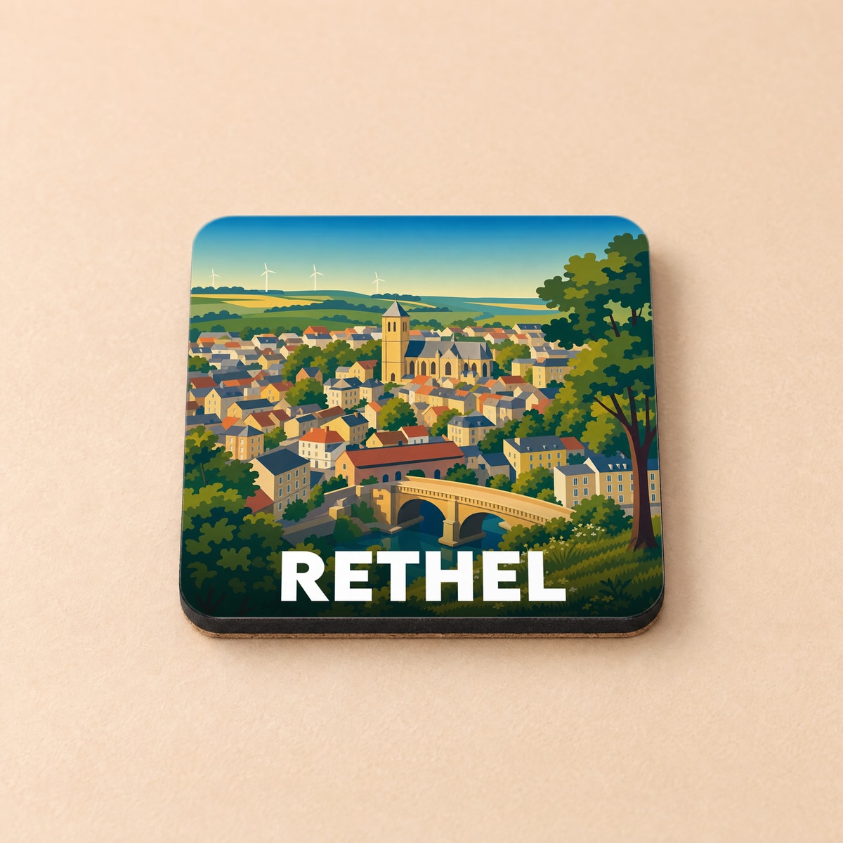 Dessous de verre souvenir de la ville de Rethel illustré par un paysage urbain stylisé avec son pont et son église.