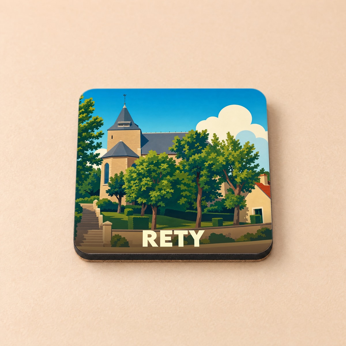 Dessous de verre souvenir de la ville de Rety avec une illustration stylisée de son église et de sa verdure.