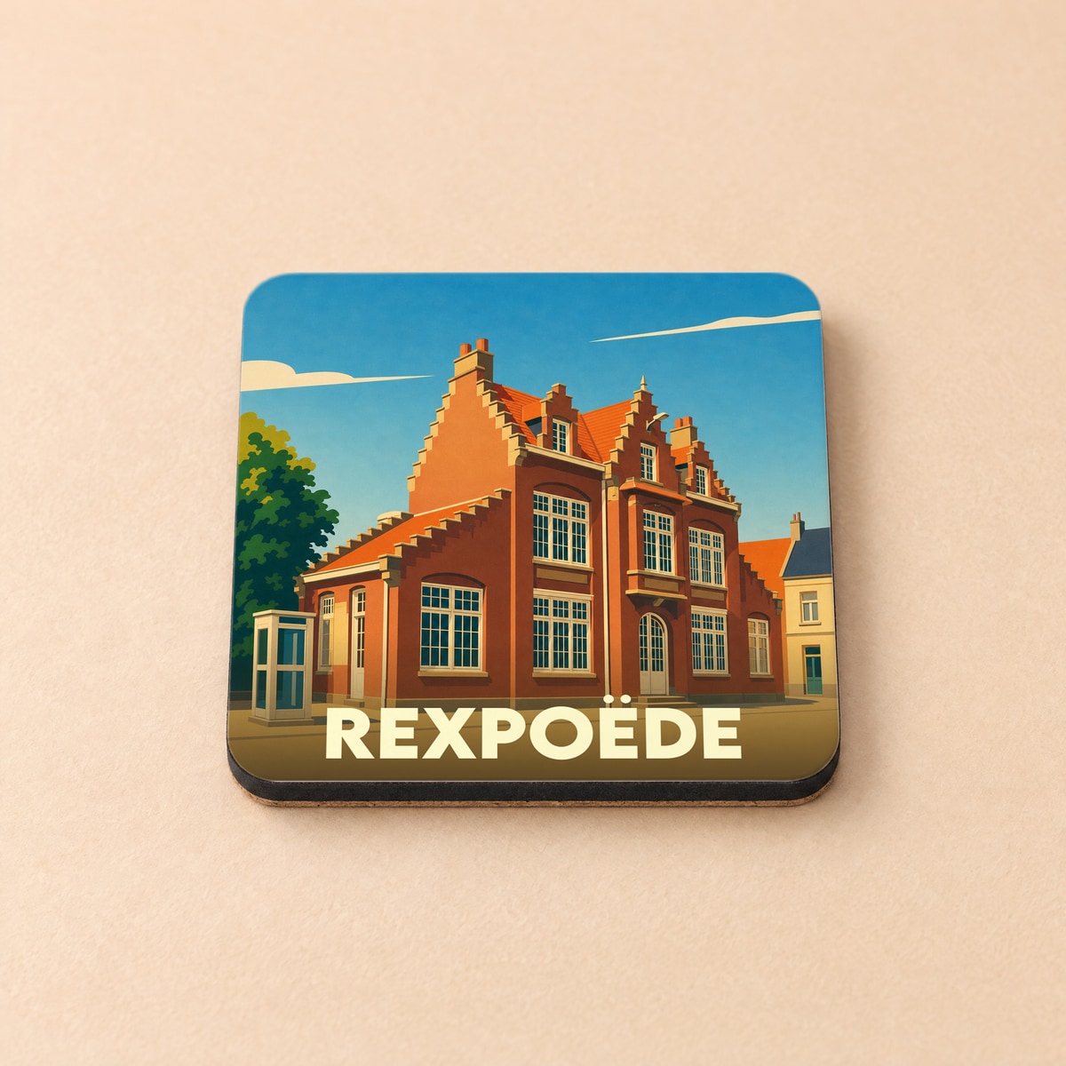 Dessous de verre souvenir de la ville de Rexpoëde avec une illustration stylisée de l'architecture locale.