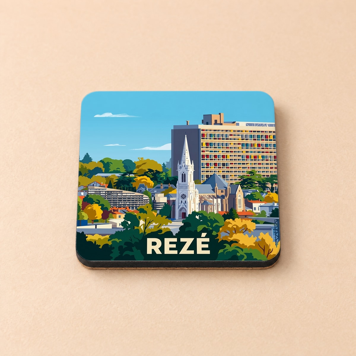 Dessous de verre souvenir de la ville de Rezé arborant une illustration stylisée de son architecture emblématique.