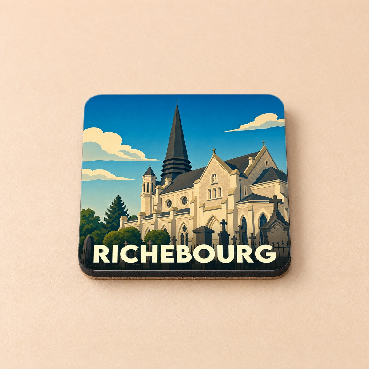 Dessous de verre souvenir de la ville de Richebourg avec une illustration stylisée de son église.