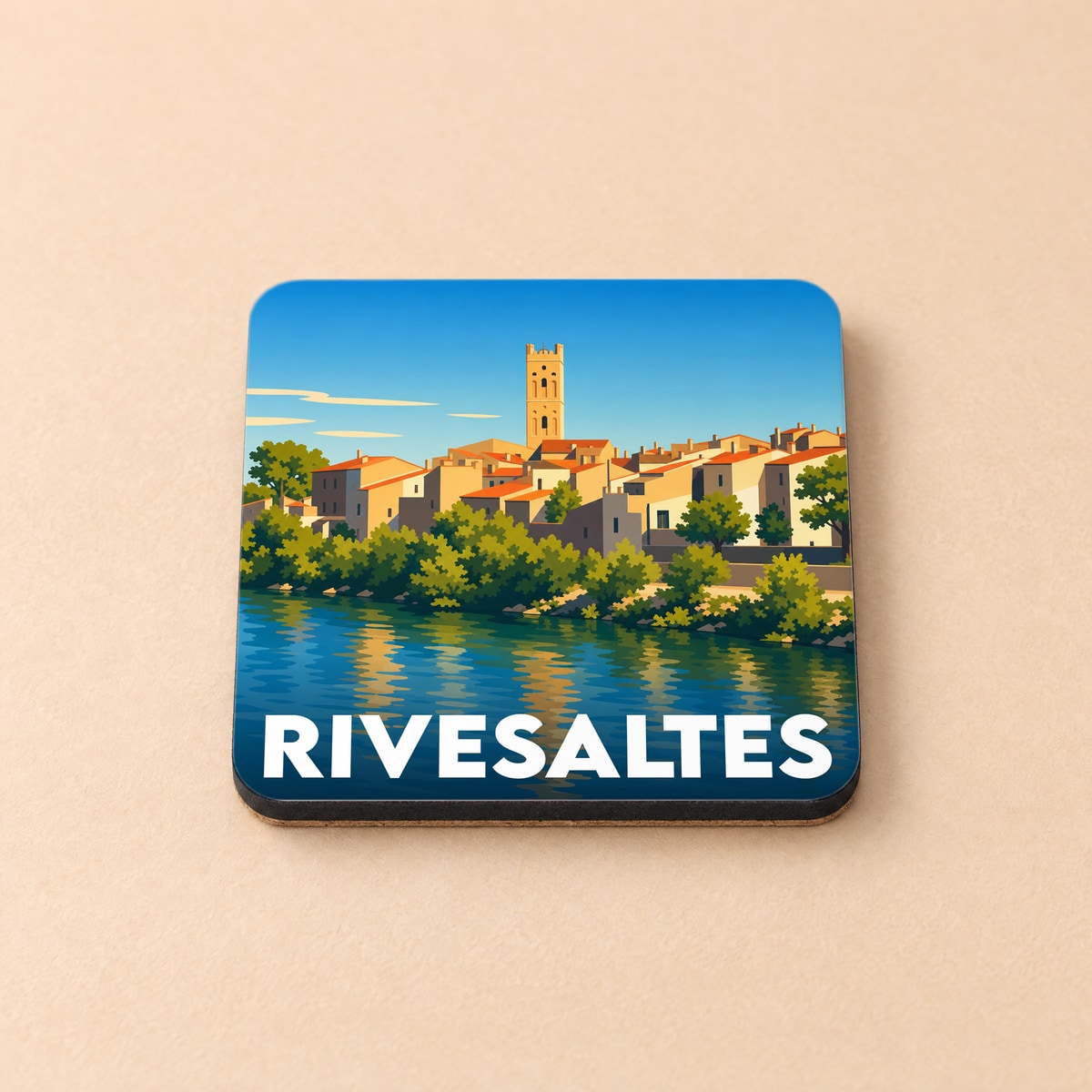 Dessous de verre souvenir de la ville de Rivesaltes avec une illustration stylisée.