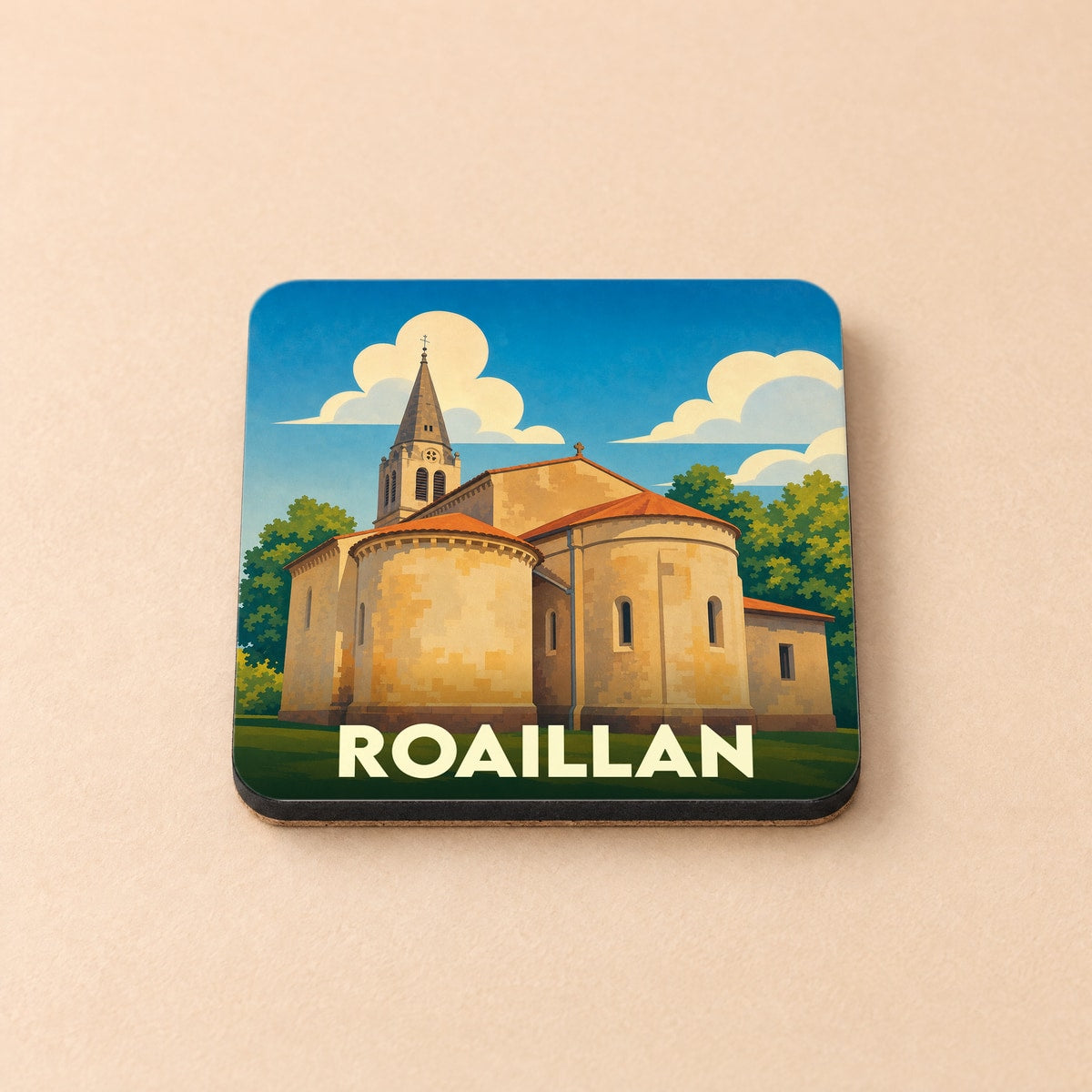 Dessous de verre souvenir de la ville de Roaillan avec une illustration stylisée de son église.