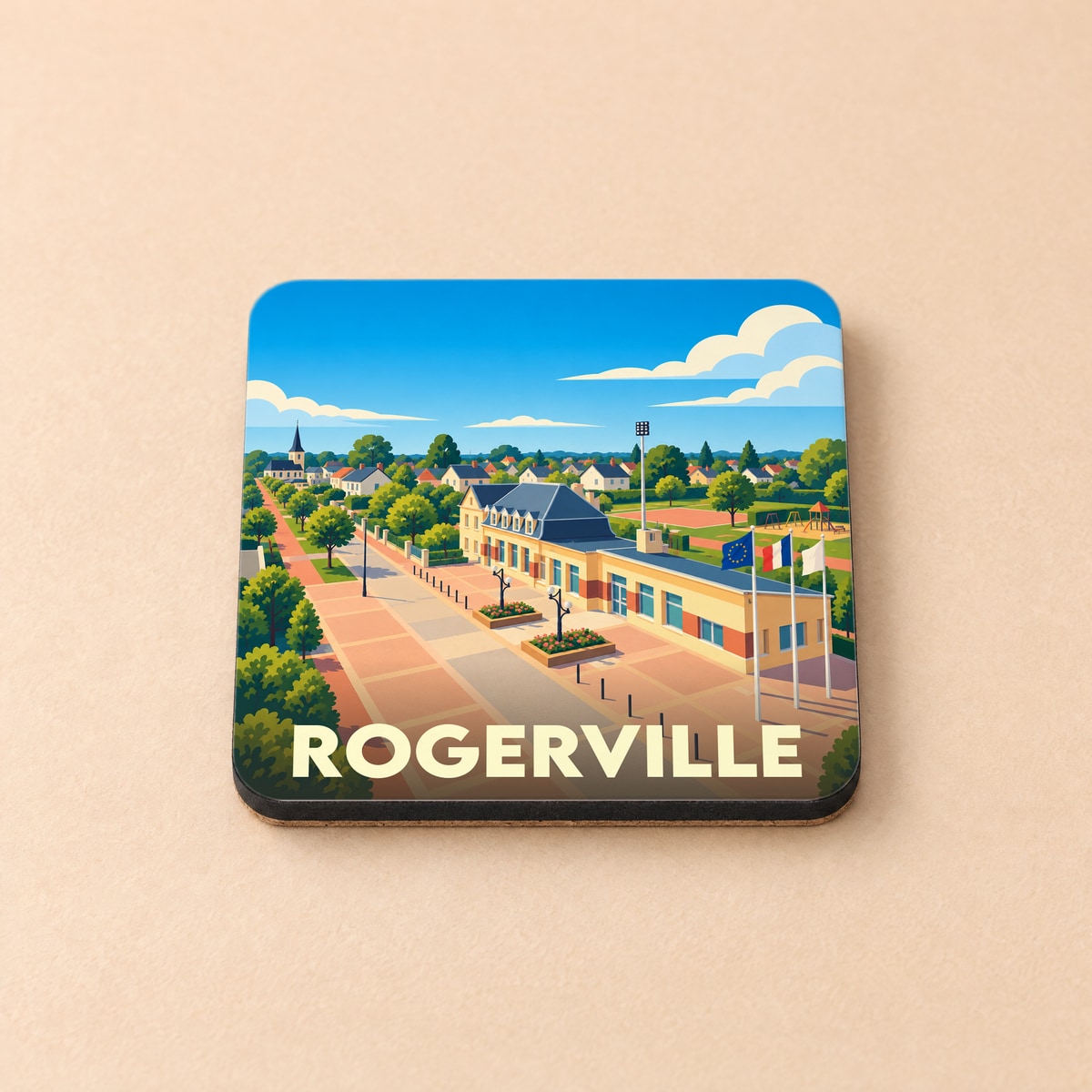 Dessous de verre souvenir de la ville de Rogerville avec une illustration stylisée.