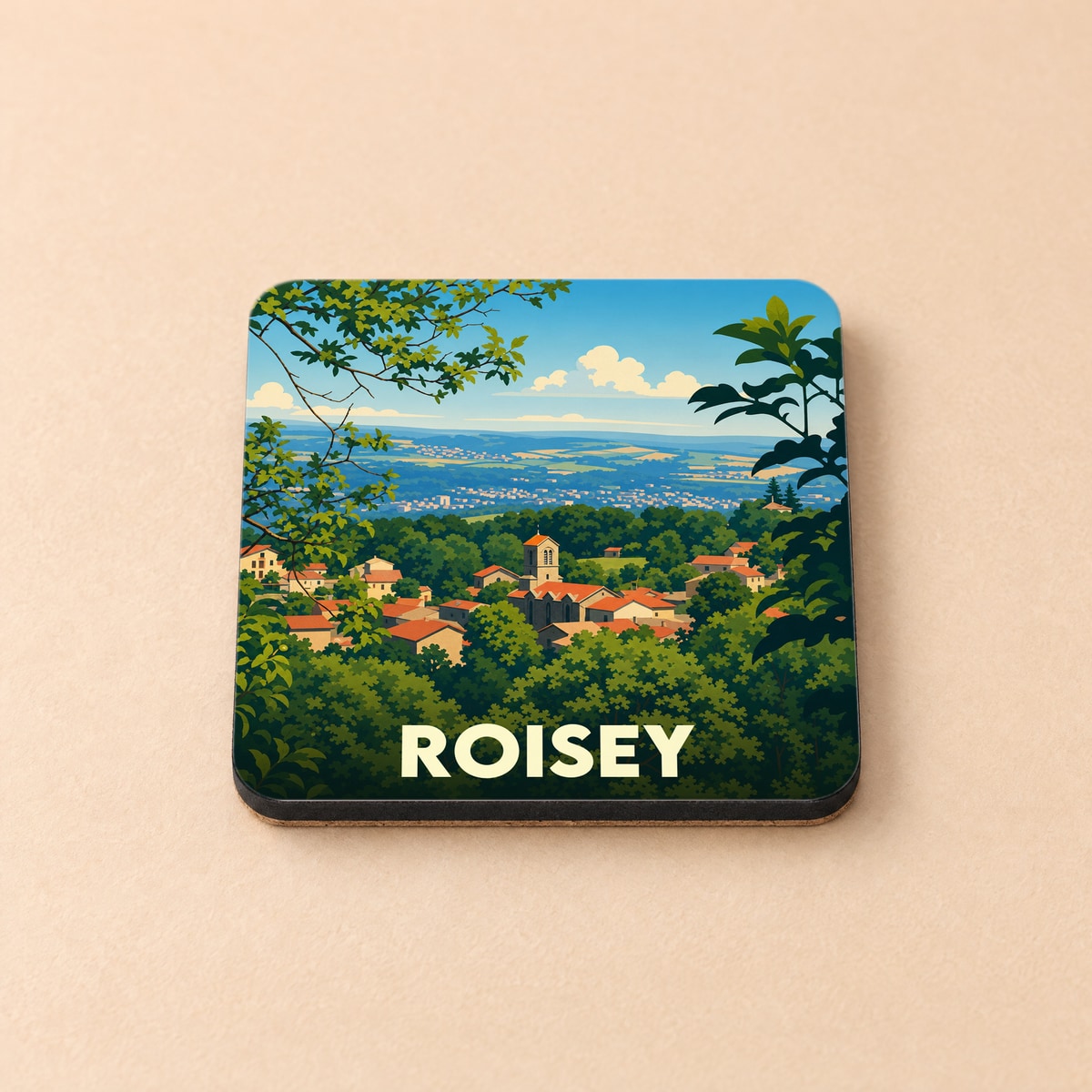 Dessous de verre souvenir de la ville de Roisey avec une illustration stylisée.