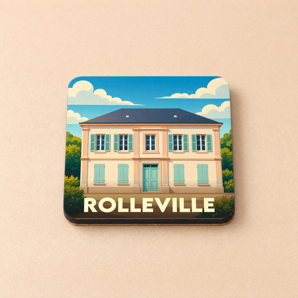 Dessous de verre souvenir de la ville de Rolleville avec une illustration stylisée d'une maison de maître.