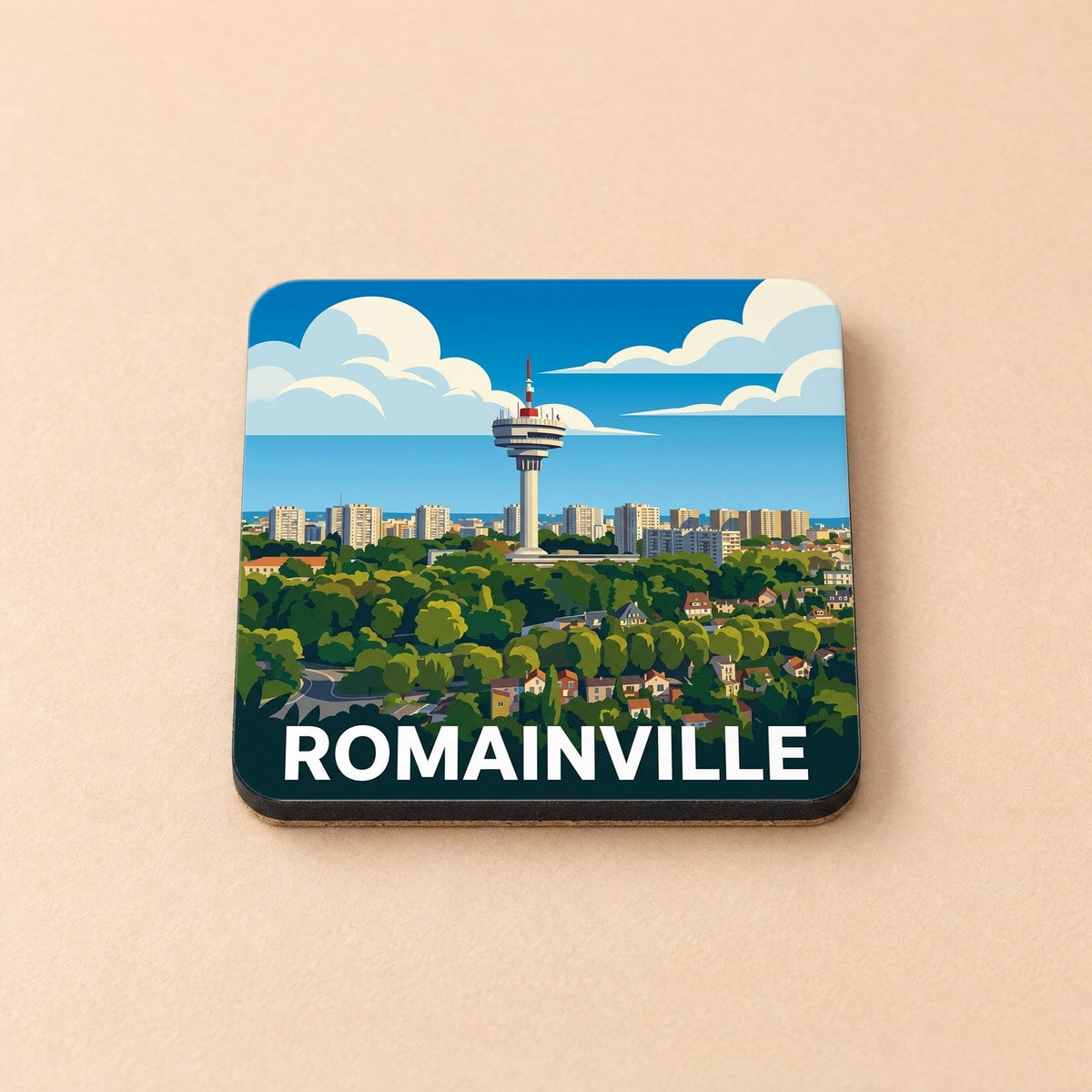 Dessous de verre souvenir de la ville de Romainville avec une illustration stylisée.