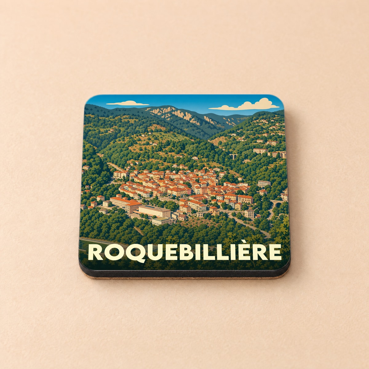Dessous de verre souvenir de la ville de Roquebillière avec une illustration stylisée d'un village de montagne.