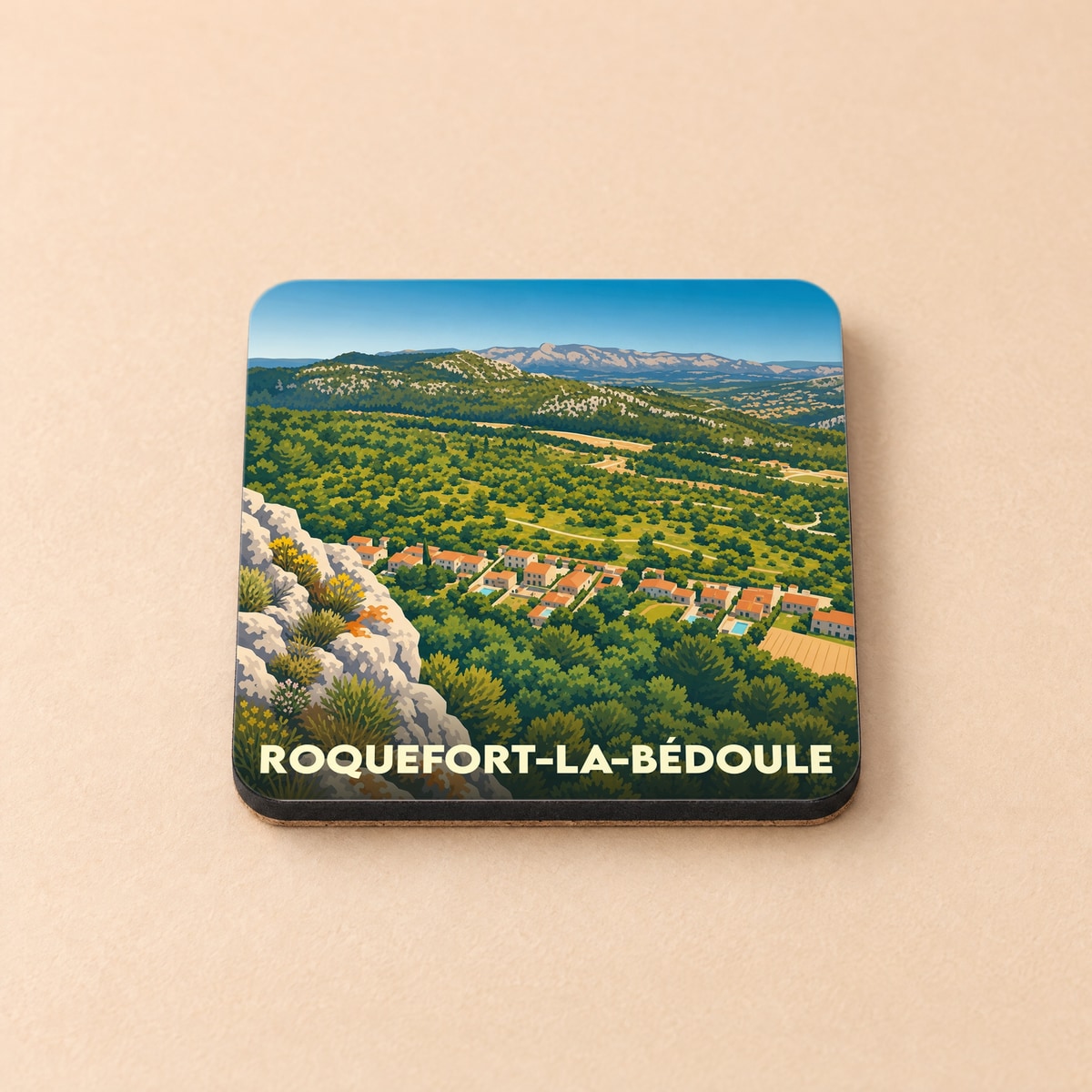Dessous de verre souvenir de la ville de Roquefort-la-Bédoule avec une illustration stylisée de son paysage vallonné.