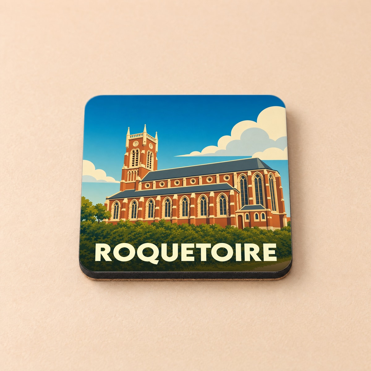 Dessous de verre souvenir de la ville de Roquetoire avec une illustration stylisée de son église.