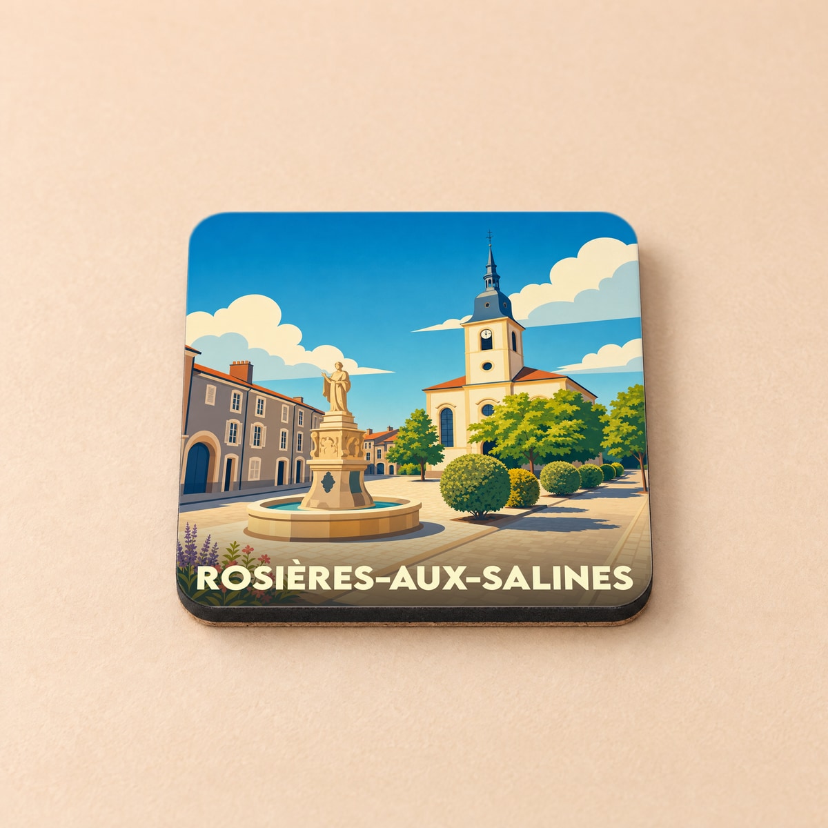 Dessous de verre souvenir de la ville de Rosières-aux-Salines avec une illustration stylisée de sa place principale.