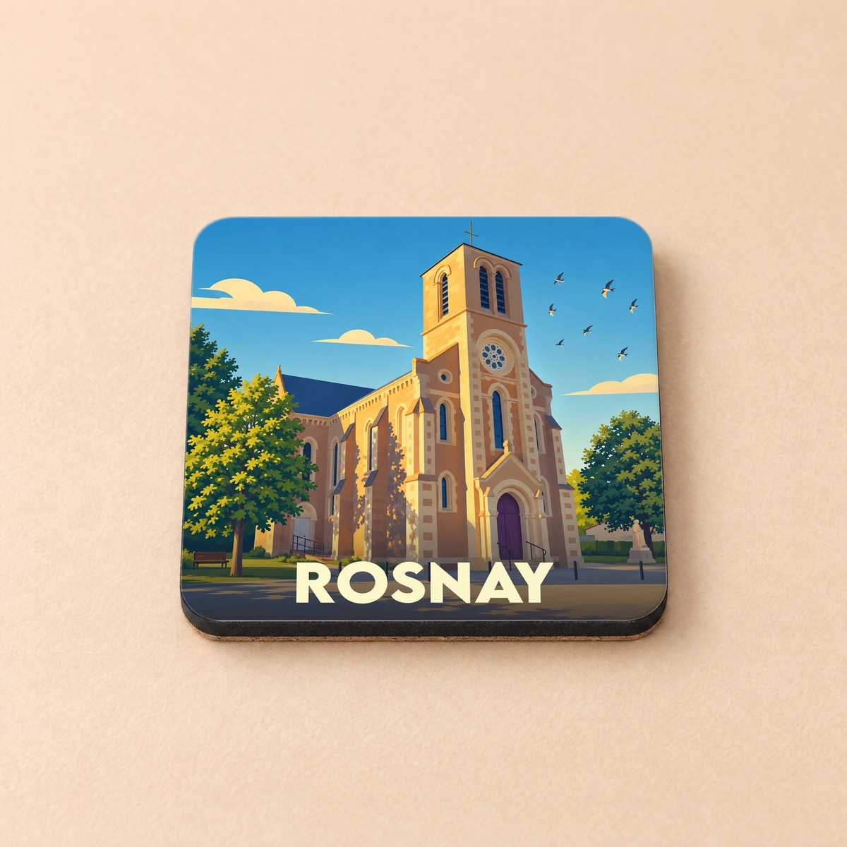 Dessous de verre souvenir de la ville de Rosnay illustré d'une église sous un ciel ensoleillé.
