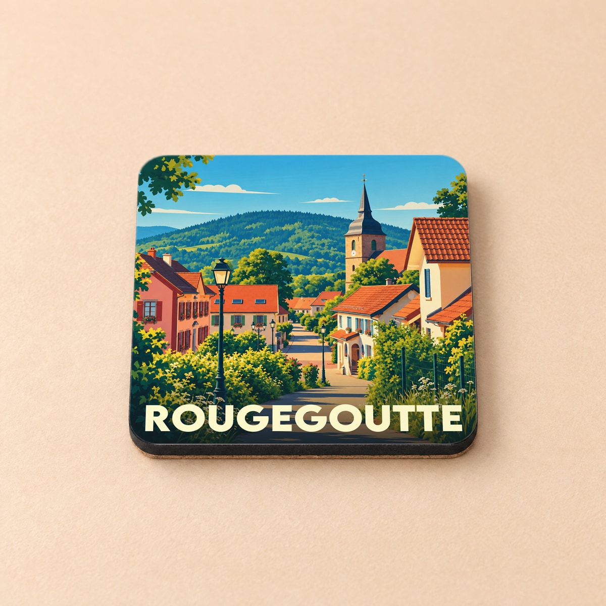 Dessous de verre souvenir de la ville de Rougegoutte avec une illustration stylisée.