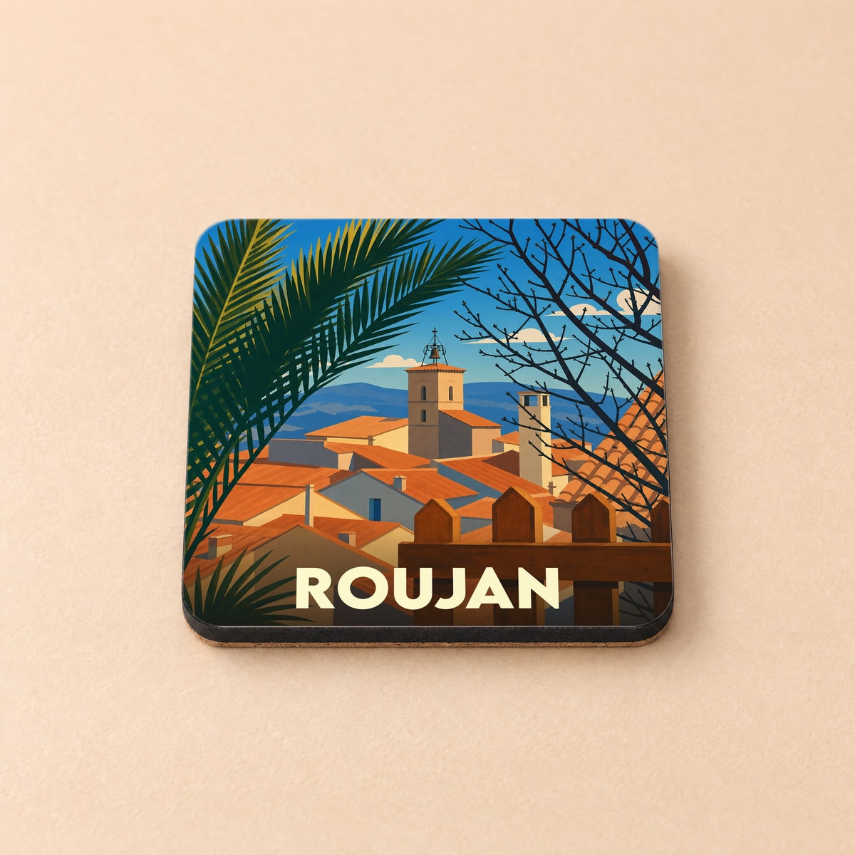 Dessous de verre souvenir de la ville de Roujan avec une illustration stylisée.
