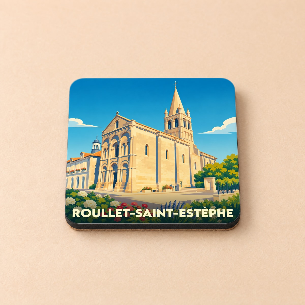Dessous de verre souvenir de la ville de Roullet-Saint-Estèphe avec une illustration stylisée de son église romane.