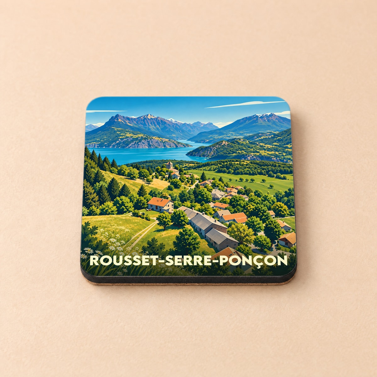 Dessous de verre souvenir de Rousset-Serre-Ponçon avec une illustration stylisée du lac et des montagnes.