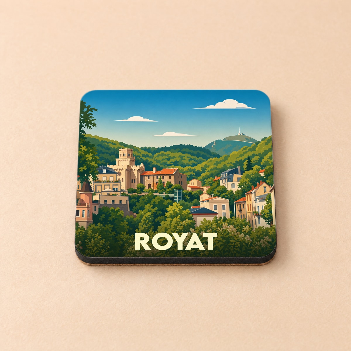 Dessous de verre souvenir de la ville de Royat avec une illustration stylisée d'un paysage urbain verdoyant.