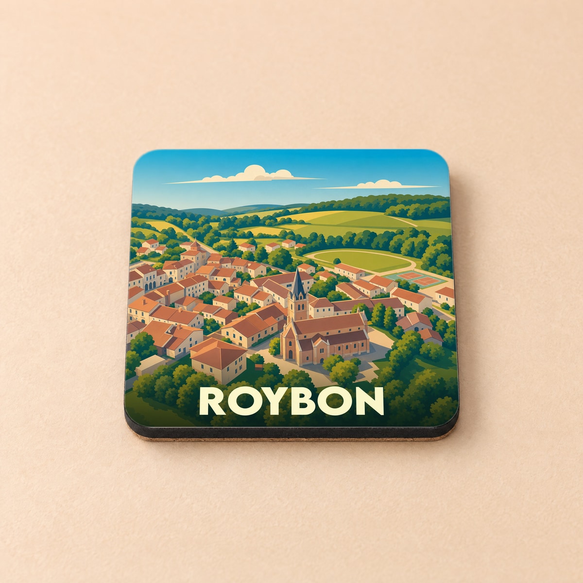 Dessous de verre souvenir de la ville de Roybon avec une illustration stylisée d'un village pittoresque.