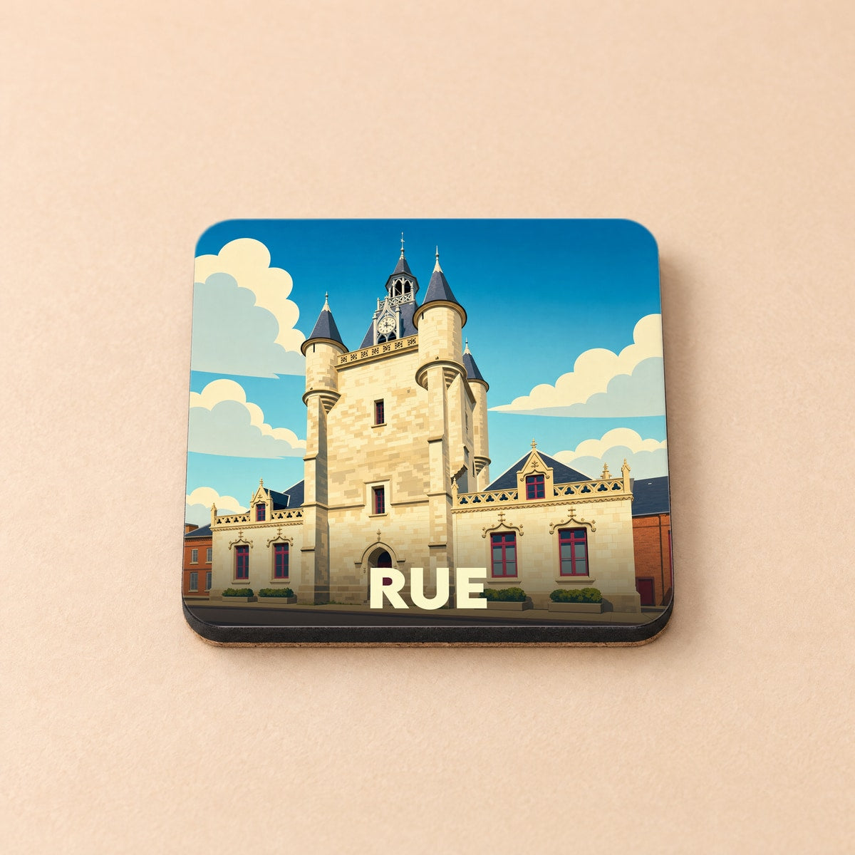Dessous de verre souvenir de la ville de Rue avec une illustration stylisée de son beffroi.
