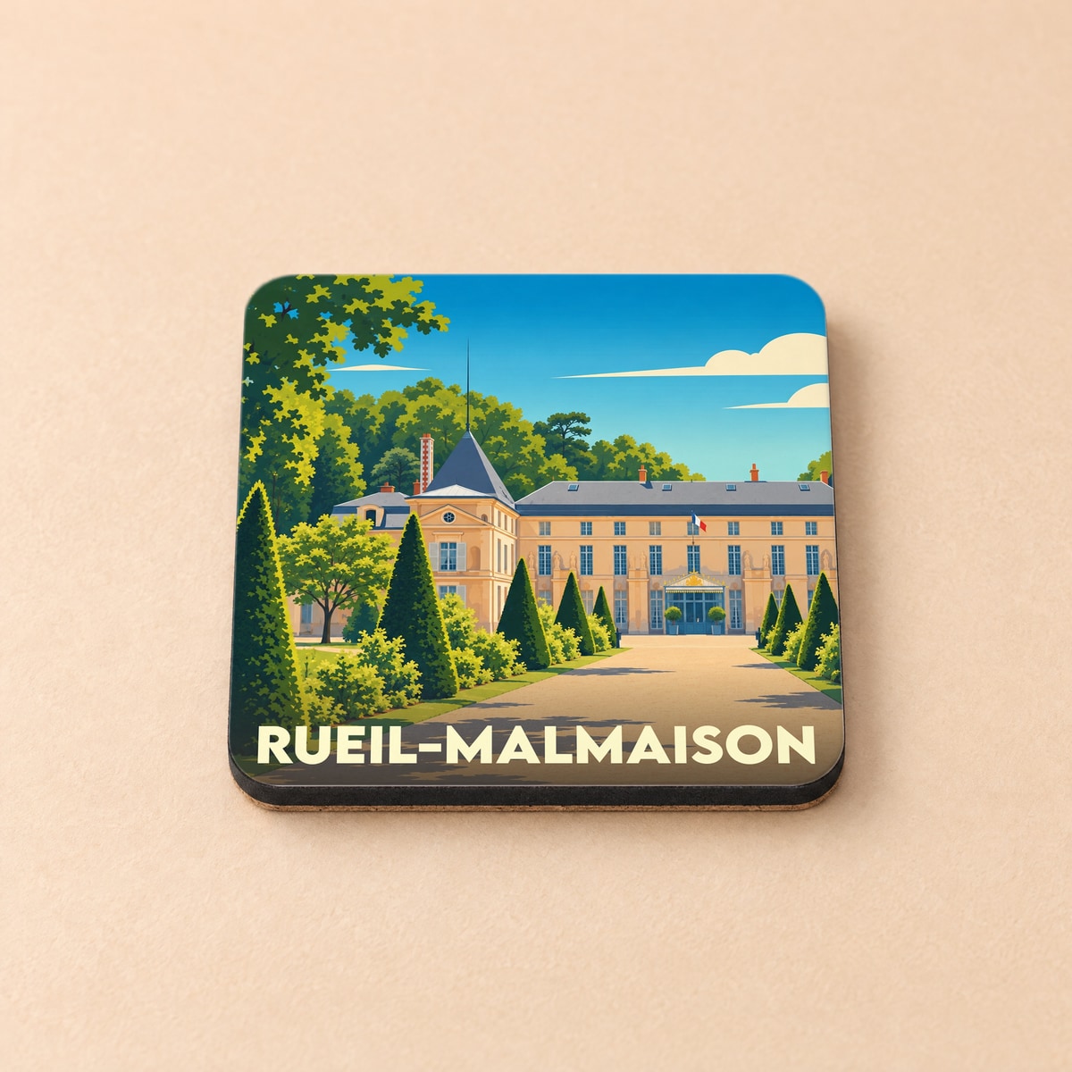 Dessous de verre souvenir de la ville de Rueil-Malmaison illustrant le château de Malmaison dans un style graphique épuré.