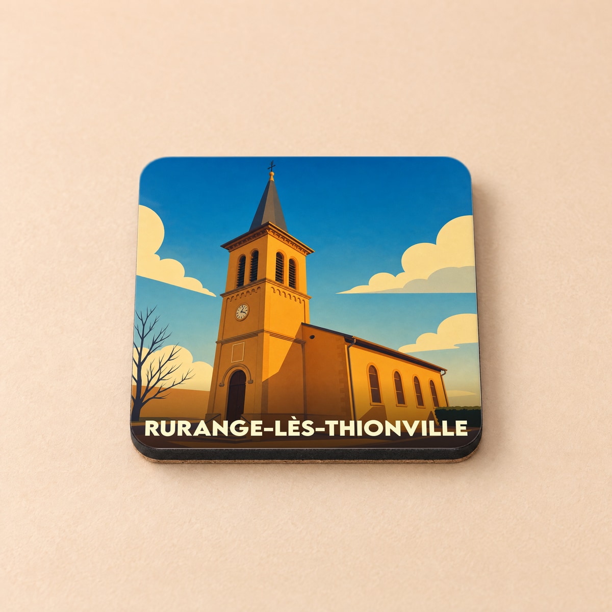 Dessous de verre souvenir de la ville de Rurange-lès-Thionville avec une illustration stylisée de son église.