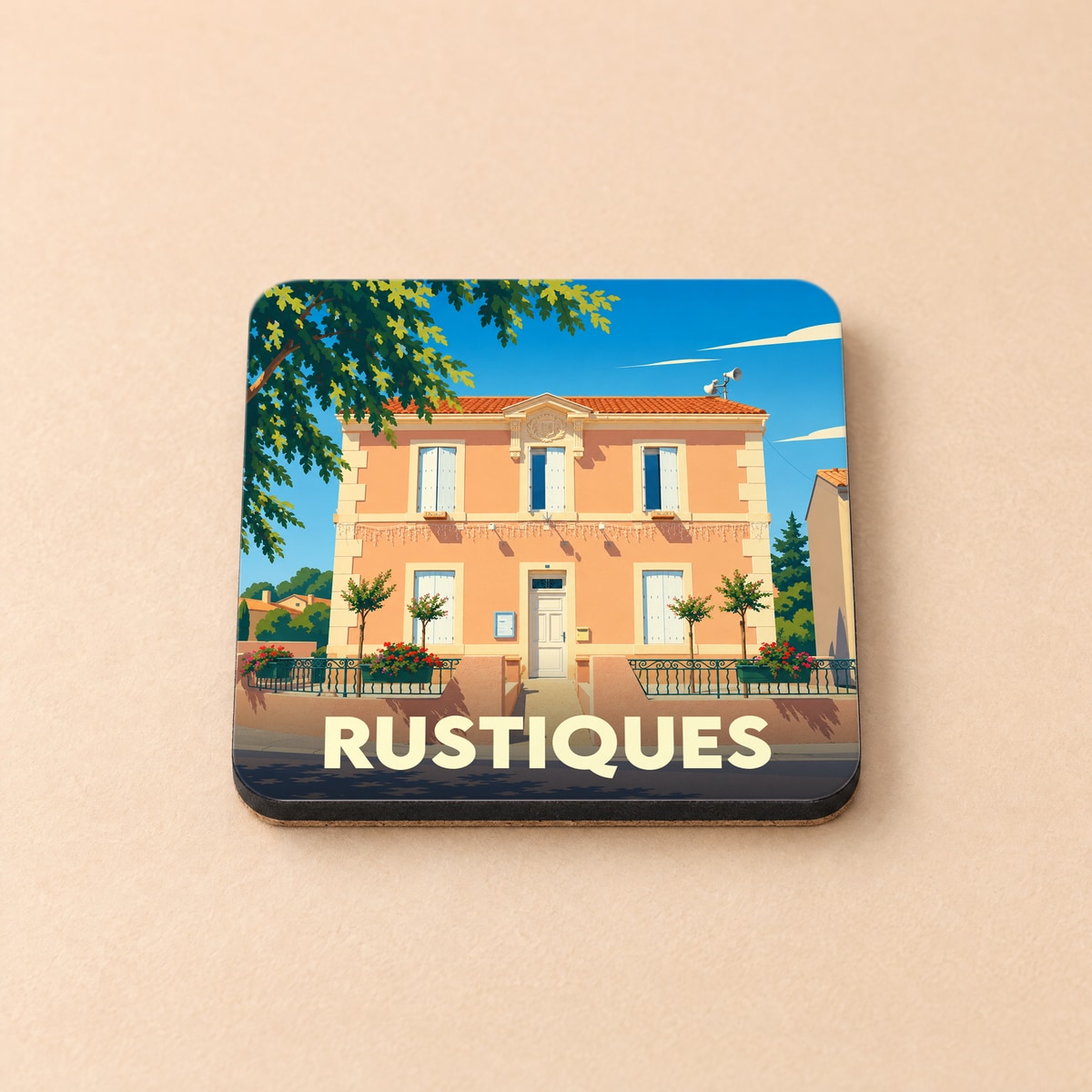 Dessous de verre souvenir de la ville de Rustiques avec une illustration stylisée d'une maison provençale.