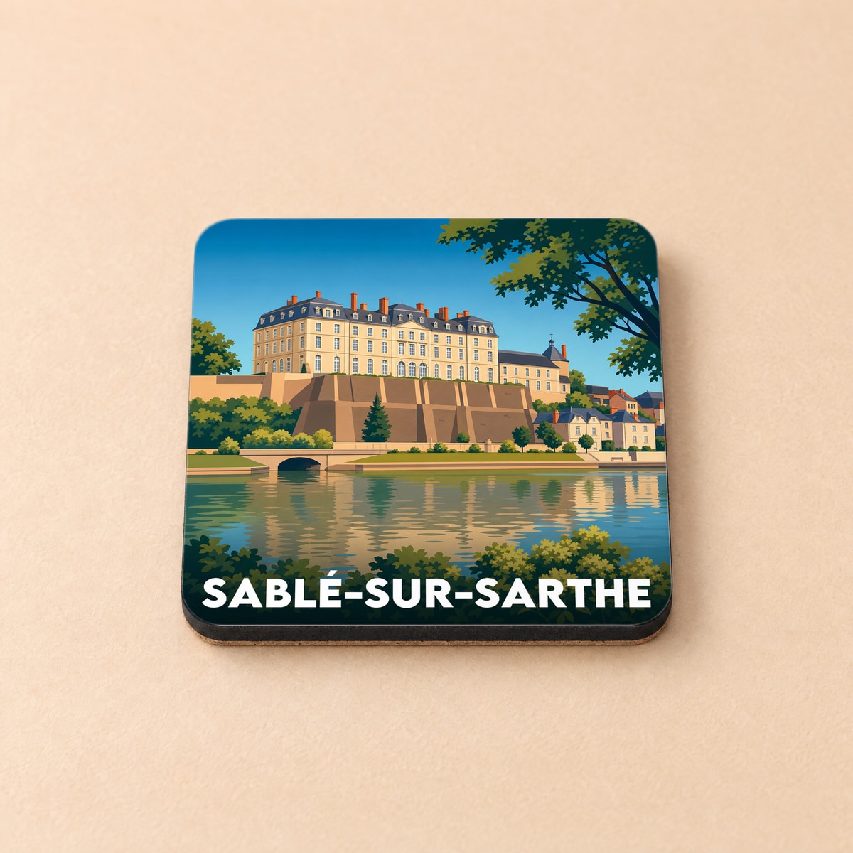 Dessous de verre souvenir de la ville de Sablé-sur-Sarthe avec une illustration stylisée de son château en bord de rivière.