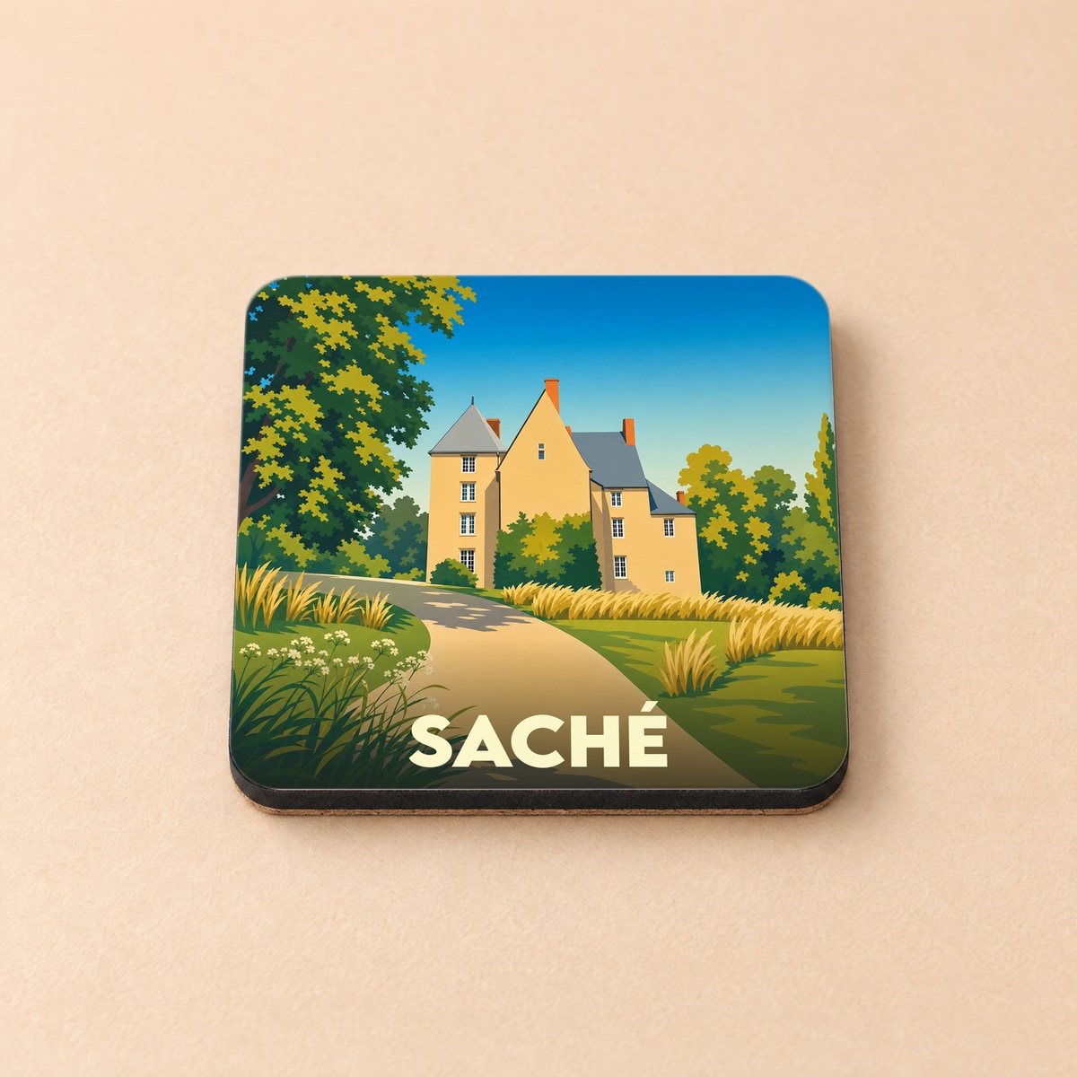 Dessous de verre souvenir de la ville de Saché avec une illustration stylisée d'un manoir entouré de verdure.
