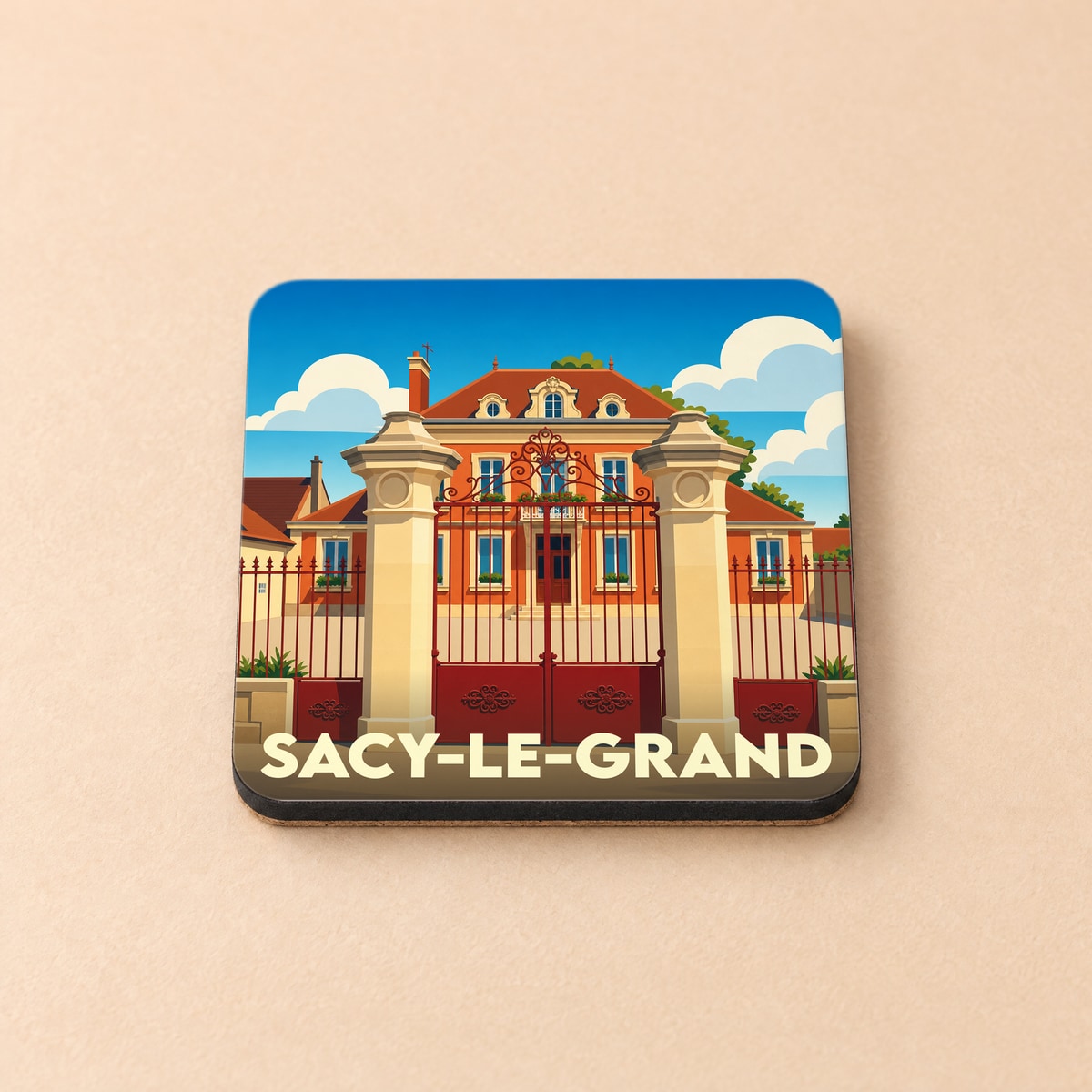 Dessous de verre souvenir de la ville de Sacy-le-Grand avec une illustration stylisée d'un domaine de caractère.