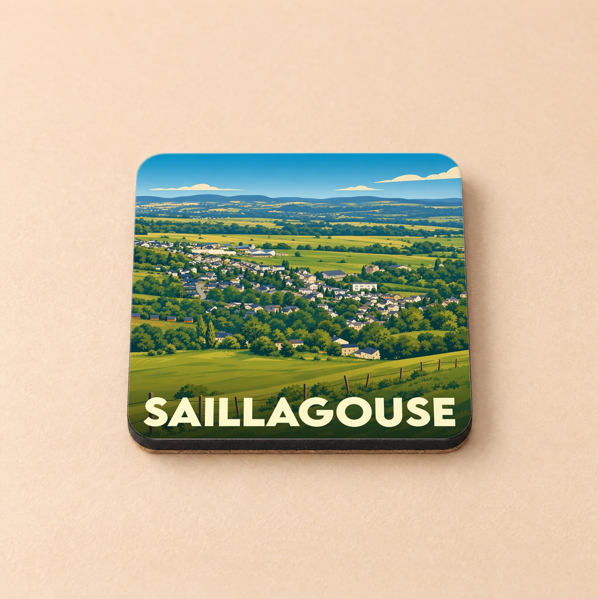 Dessous de verre souvenir de la ville de Saillagouse avec une illustration stylisée de son paysage vallonné.