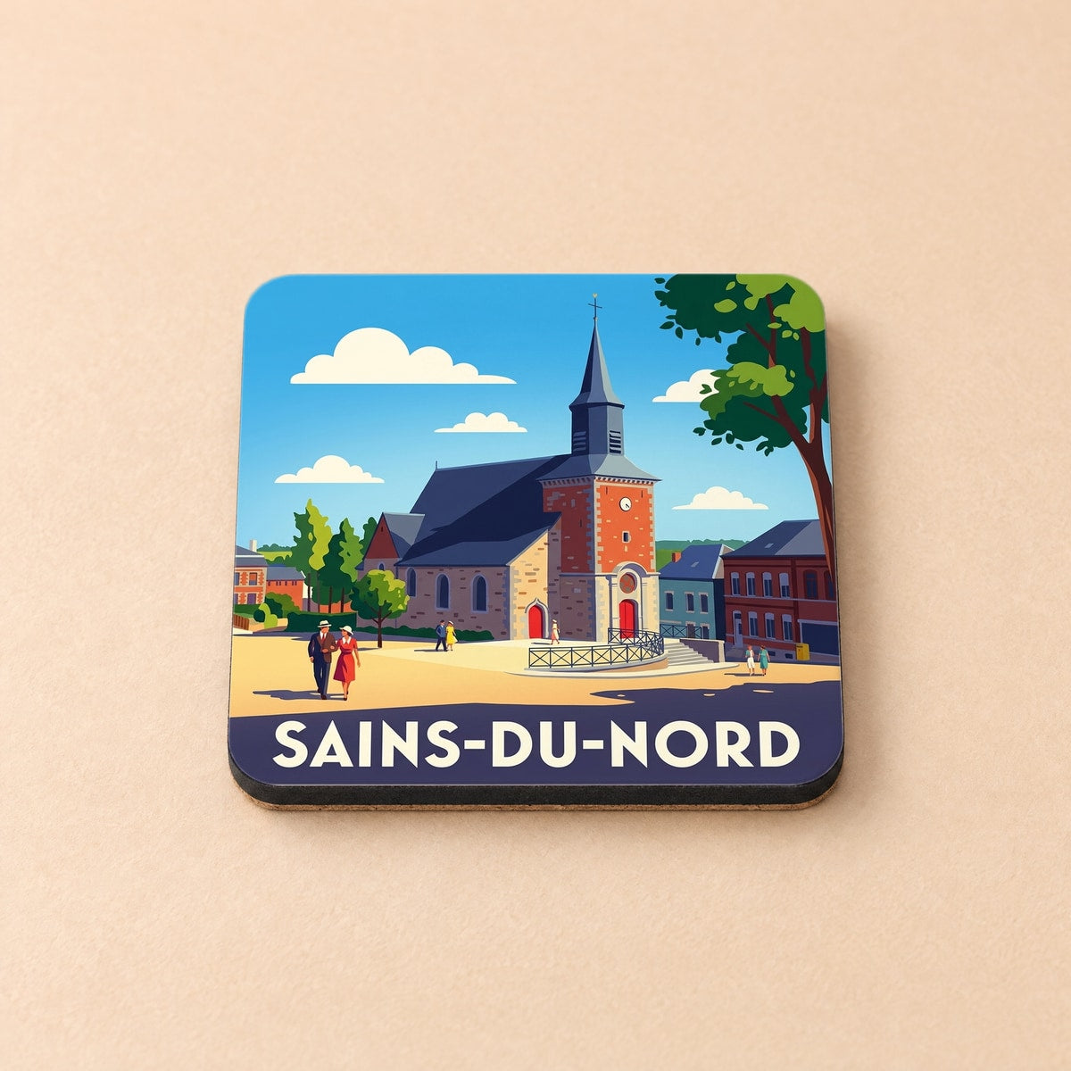 Dessous de verre souvenir de la ville de Sains-du-Nord avec une illustration stylisée.