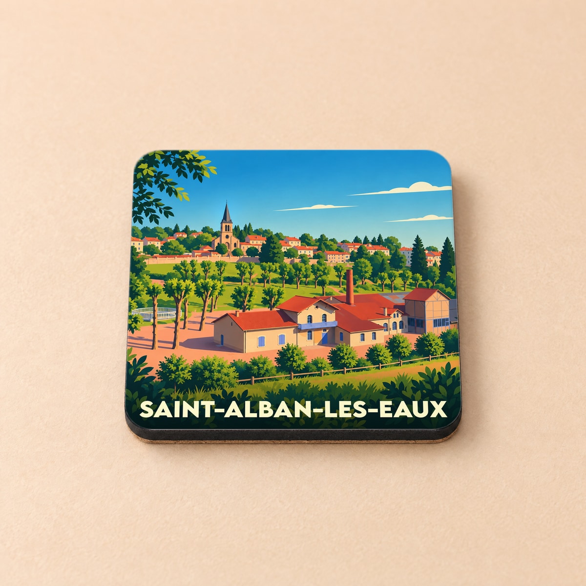Dessous de verre souvenir de la ville de Saint-Alban-les-Eaux avec une illustration stylisée d'un paysage de village français.