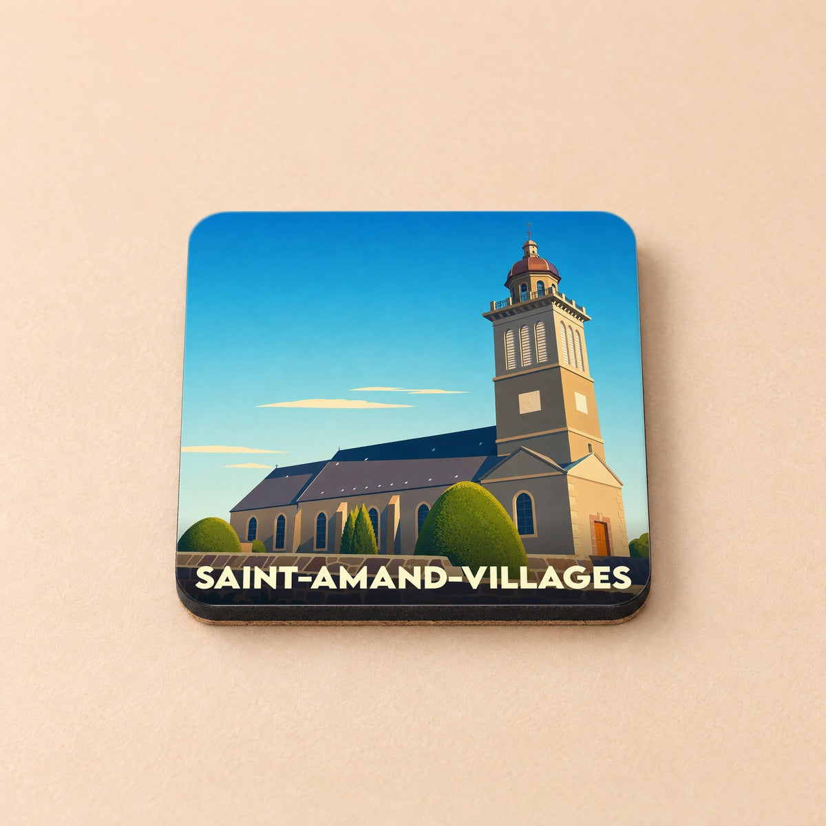 Dessous de verre souvenir de la ville de Saint-Amand-Villages avec une illustration stylisée de son église.