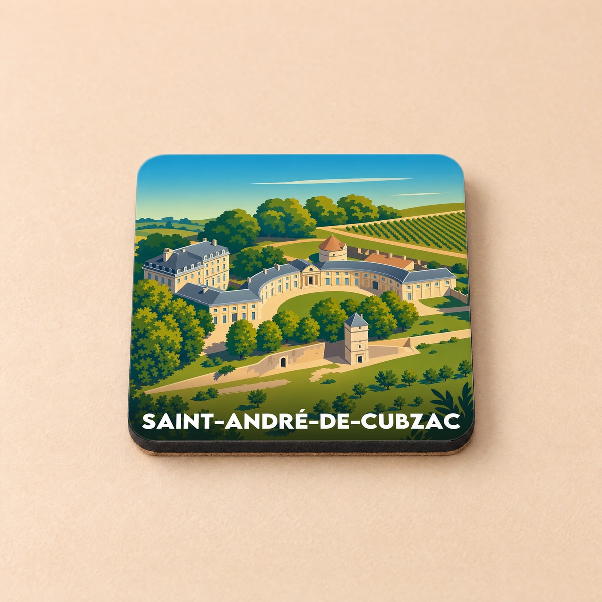 Dessous de verre souvenir de la ville de Saint-André-de-Cubzac avec une illustration stylisée d'un château.