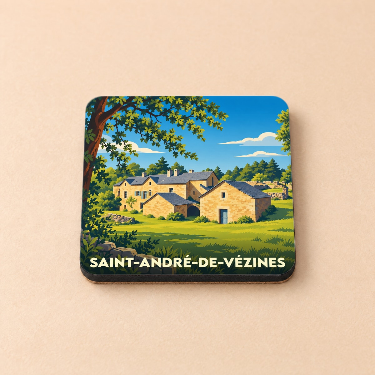 Dessous de verre souvenir de la ville de Saint-André-de-Vézines avec une illustration stylisée de maisons en pierre.
