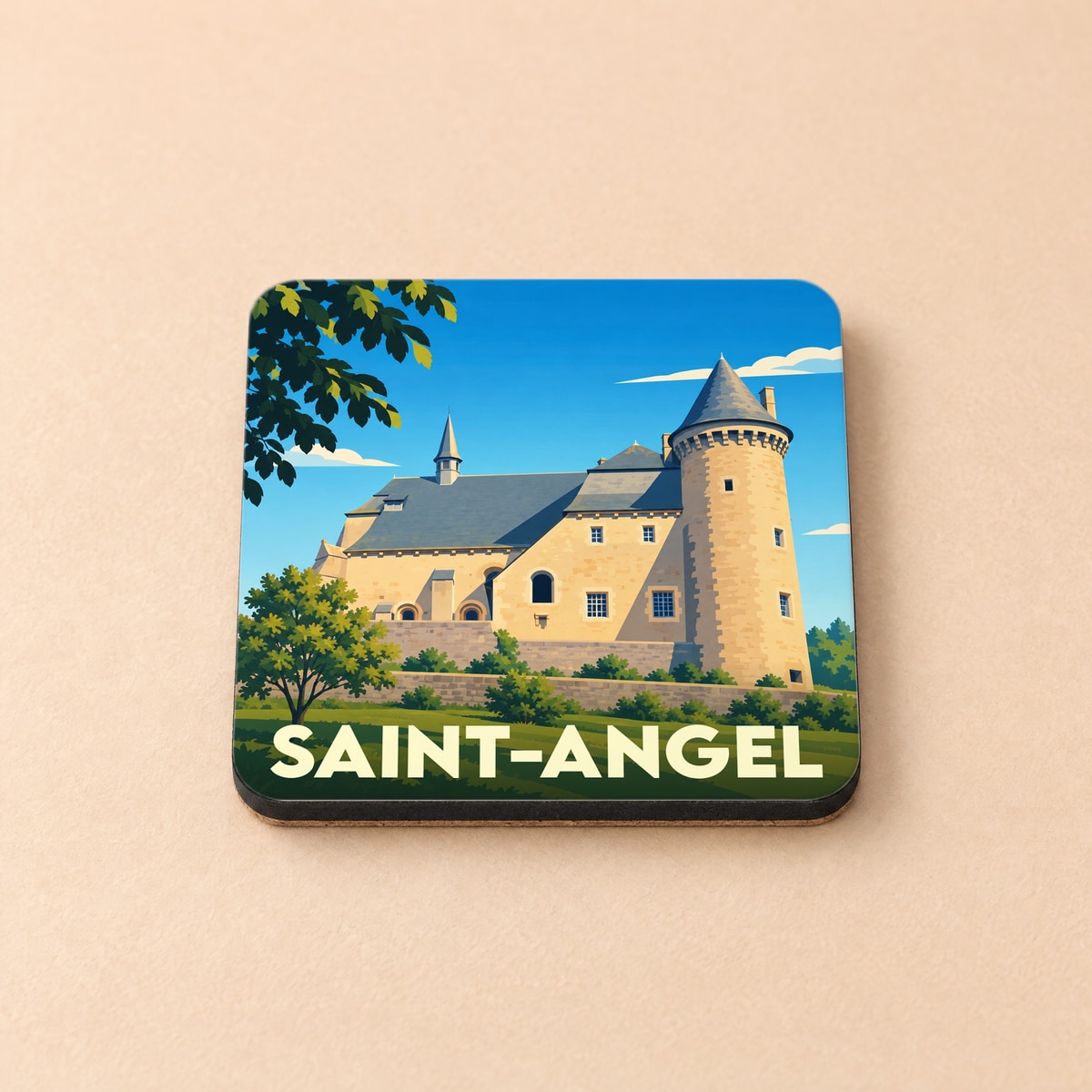 Dessous de verre souvenir de la ville de Saint-Angel avec une illustration stylisée de son église fortifiée.