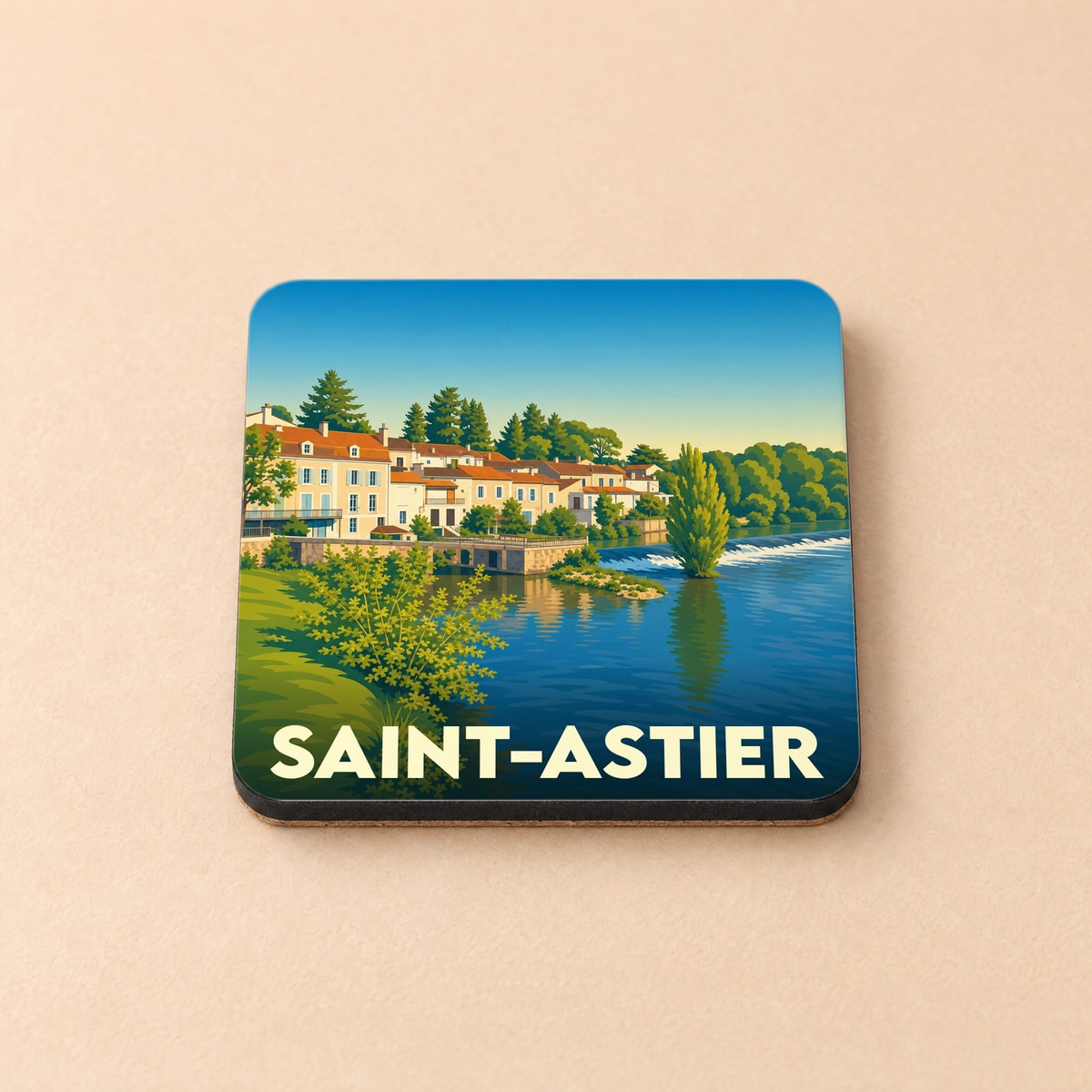 Dessous de verre souvenir de la ville de Saint-Astier avec une illustration stylisée d'un paysage de bord de rivière.