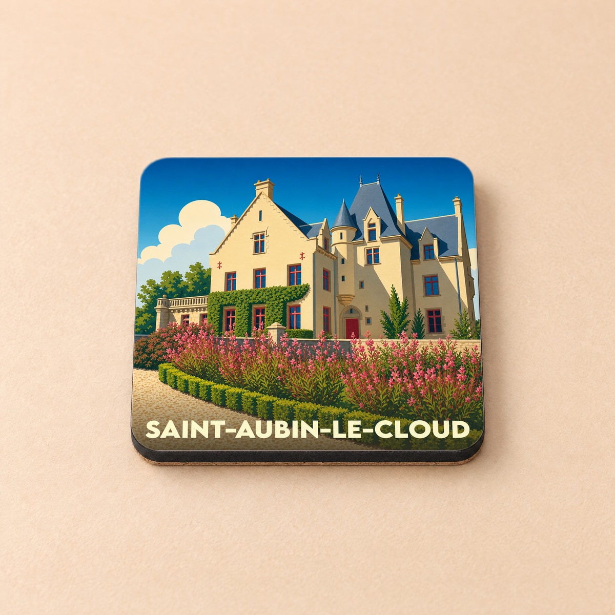 Dessous de verre souvenir de la ville de Saint-Aubin-le-Cloud avec une illustration stylisée d'un château.