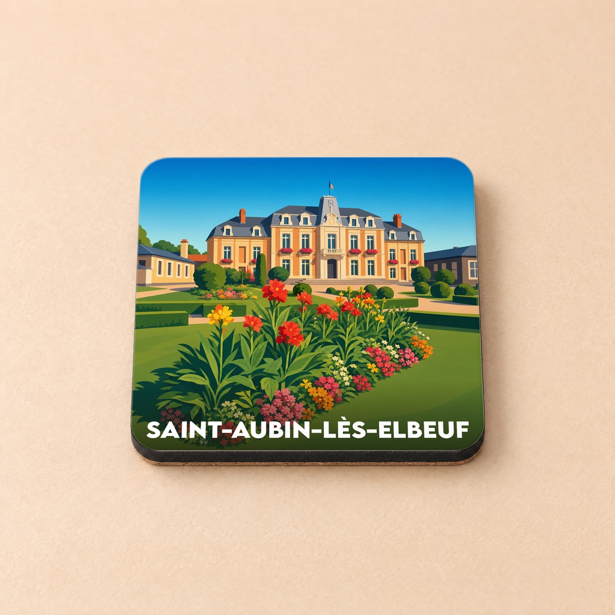 Dessous de verre souvenir de Saint-Aubin-lès-Elbeuf illustré par une vue stylisée d'un manoir et ses jardins fleuris.