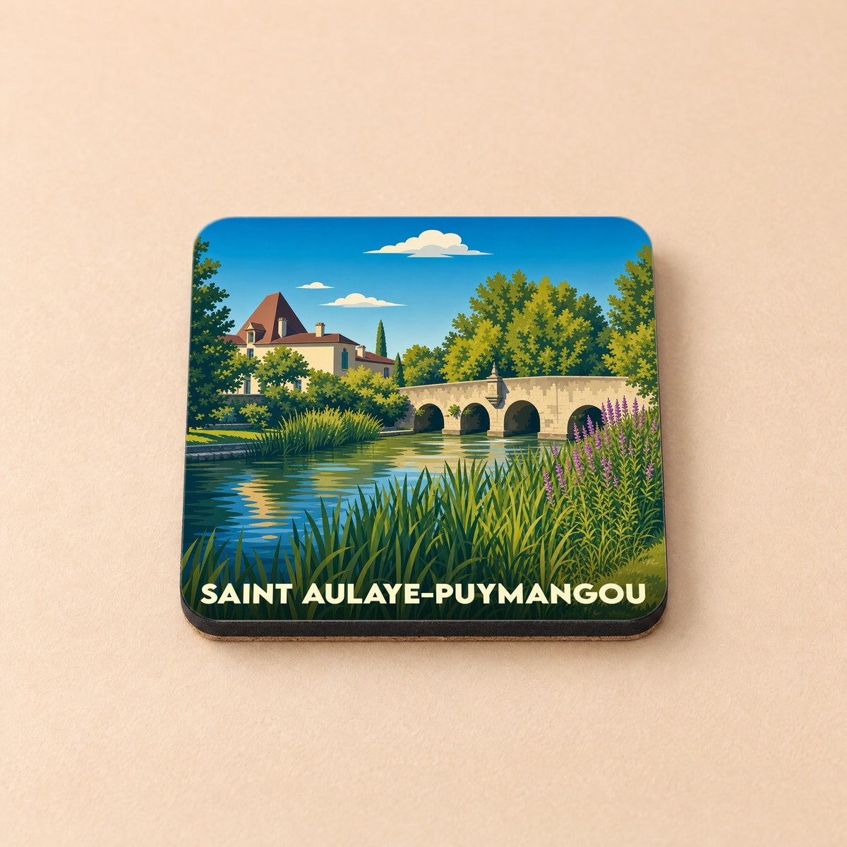 Dessous de verre souvenir de la ville de Saint Aulaye-Puymangou avec une illustration stylisée d'un pont et d'un château au bord de l'eau.