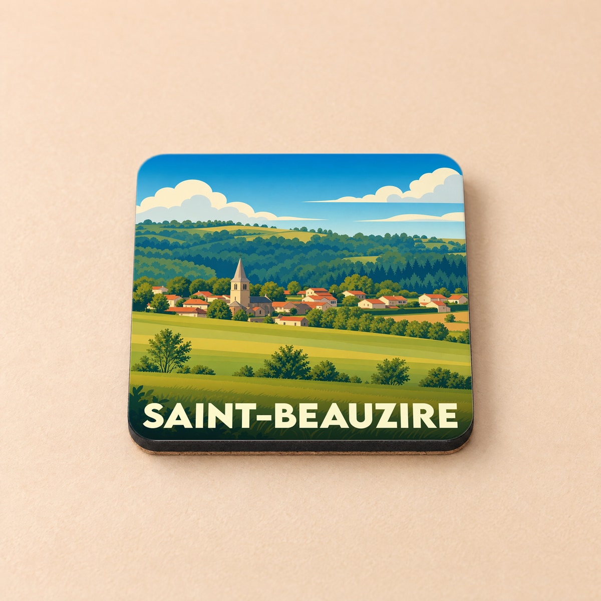 Dessous de verre souvenir de la ville de Saint-Beauzire avec une illustration stylisée d'un paysage de campagne.