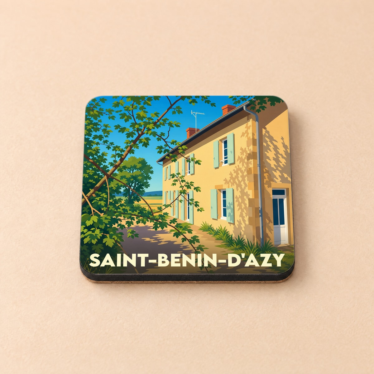 Dessous de verre souvenir de la ville de Saint-Benin-d'Azy avec une illustration stylisée d'une maison ensoleillée.