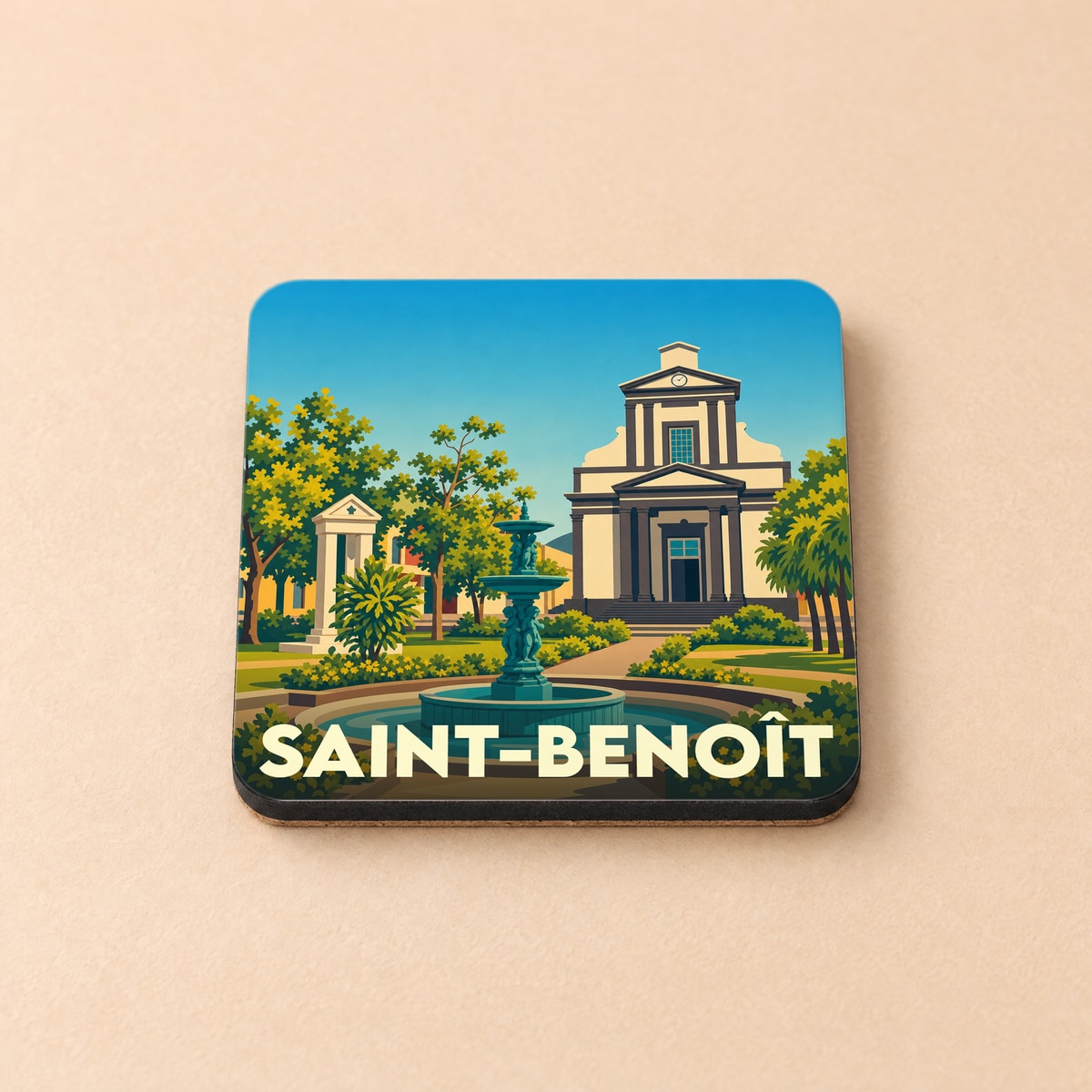 Dessous de verre souvenir de la ville de Saint-Benoît avec une illustration stylisée d'une église et d'une fontaine.