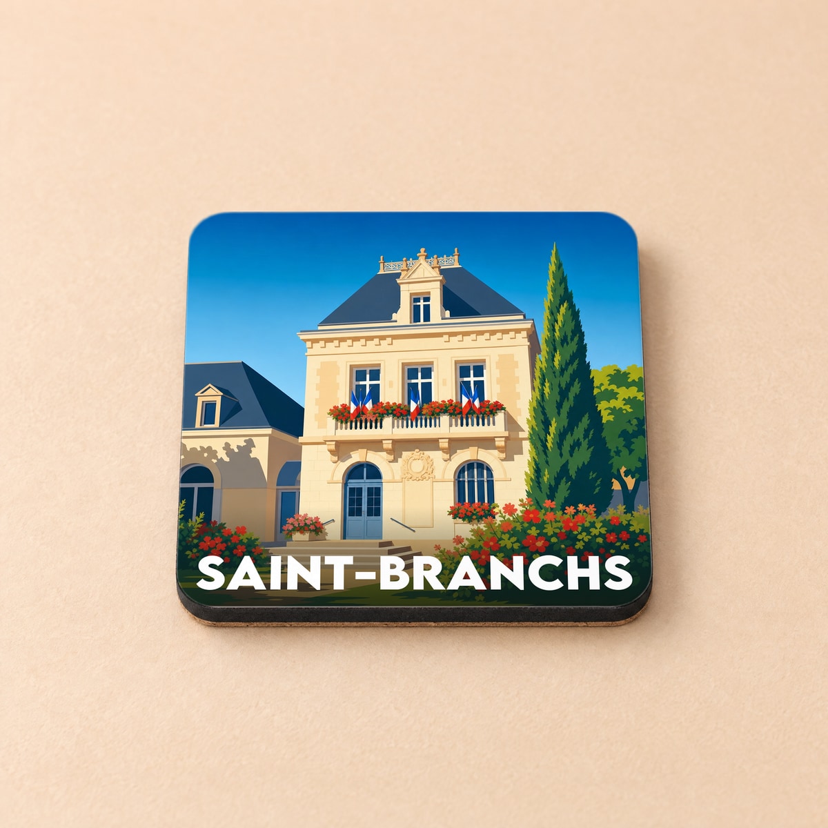 Dessous de verre souvenir de la ville de Saint-Branchs avec une illustration stylisée de la mairie.