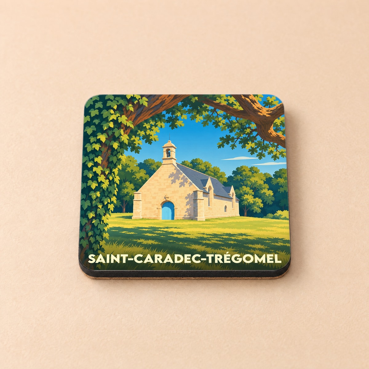 Dessous de verre souvenir de Saint-Caradec-Trégomel illustrant une chapelle bretonne dans un cadre verdoyant.