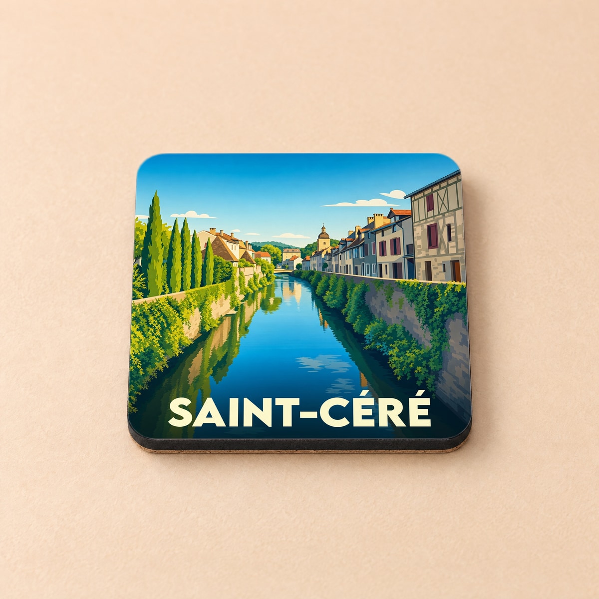 Dessous de verre souvenir de la ville de Saint-Céré avec une illustration stylisée d'un canal bordé de maisons.