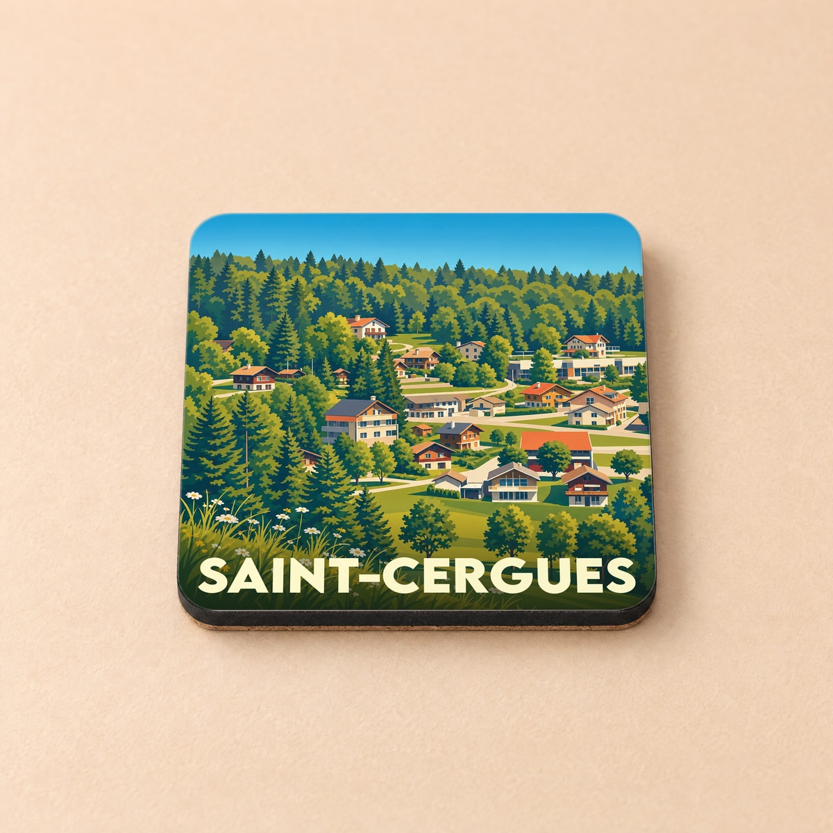 Dessous de verre souvenir de la ville de Saint-Cergues avec une illustration stylisée de chalets en montagne.