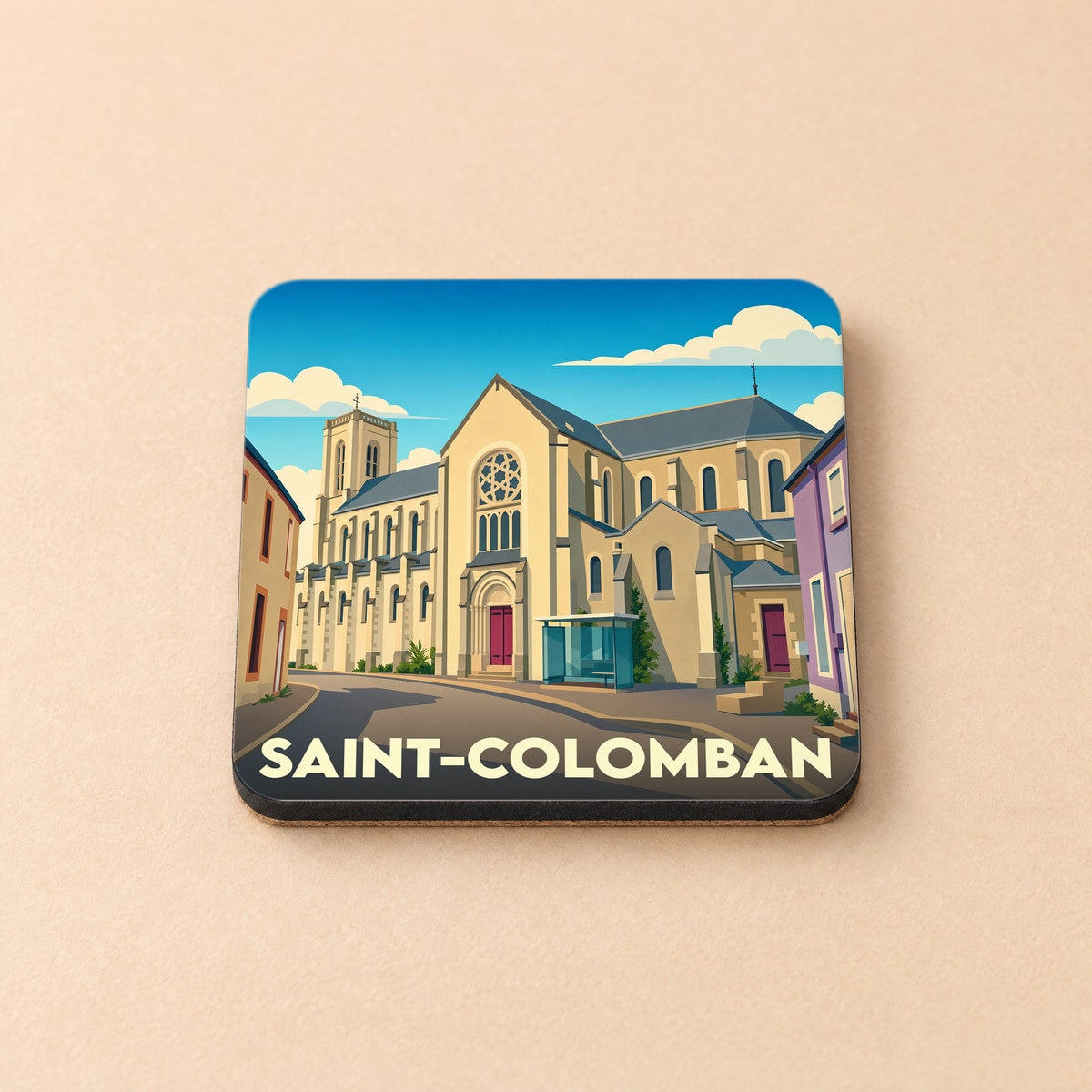Dessous de verre souvenir de la ville de Saint-Colomban avec une illustration stylisée de son église.