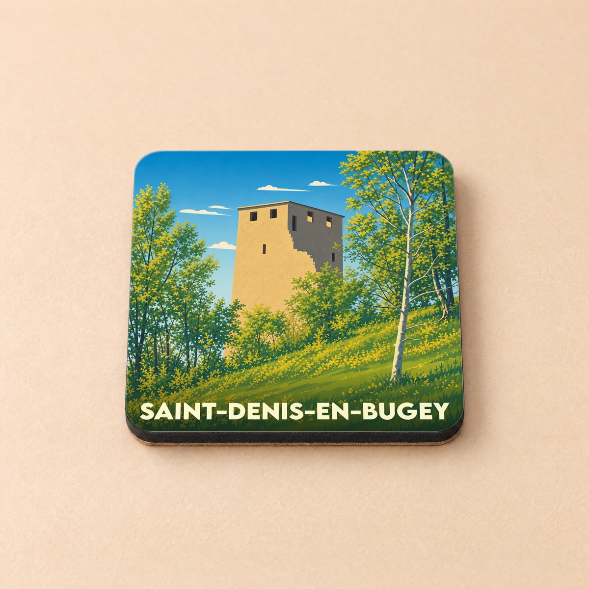 Dessous de verre souvenir de la ville de Saint-Denis-en-Bugey avec une illustration stylisée d'une tour médiévale.