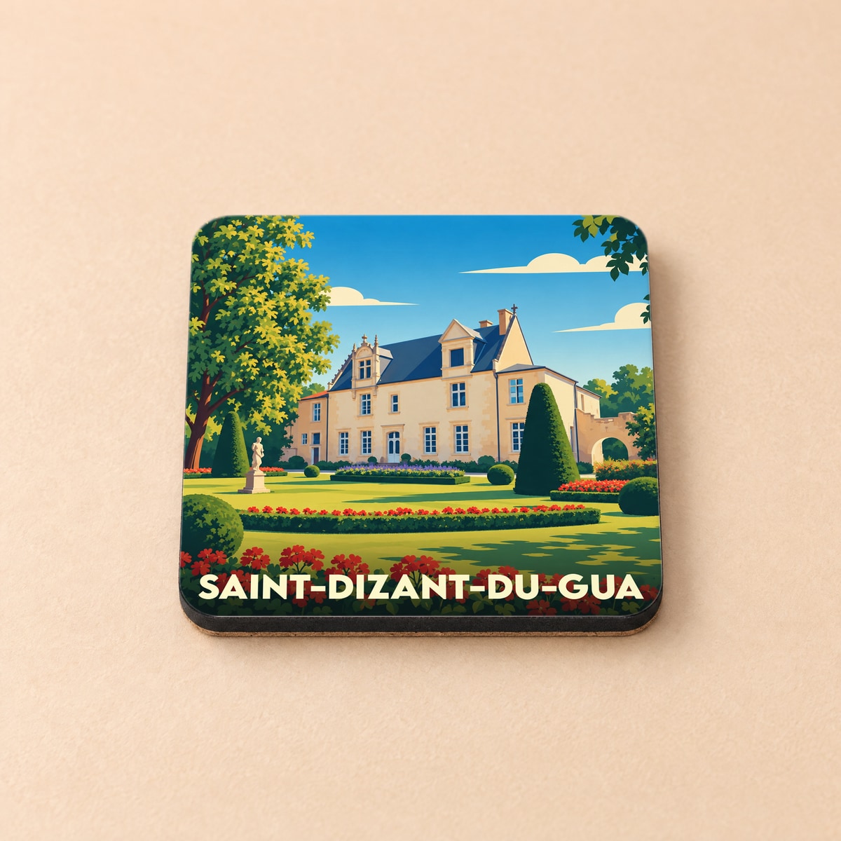 Dessous de verre souvenir de la ville de Saint-Dizant-du-Gua avec une illustration stylisée d'un château.